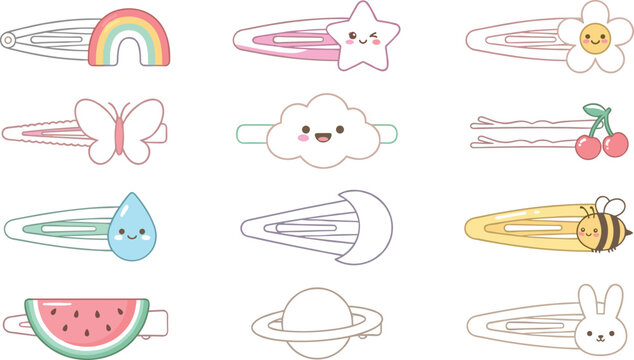 Cute hair clip vector icon set featuring kawaii bobby pins with rainbow star flower butterfly cloud cherry drop watermelon and animal elements for kids fashion designs