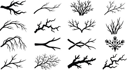 Obraz premium Spooky Bare Tree Branch Silhouette Icon Set with Twisted Twigs and Dead Wood Elements for Halloween Backgrounds and Goth Style Graphic Patterns
