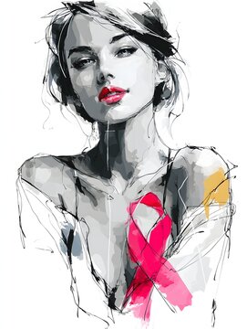 Minimalist continuous line drawing of a woman's upper body with a pink ribbon over the heart, white background, sophisticated healthcare illustration