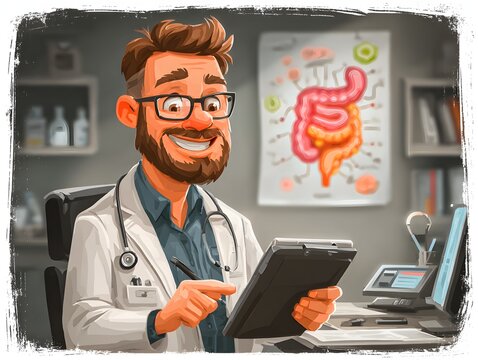 Doctor smiling while holding a tablet with a digestive system illustration, clean modern medical office, professional healthcare stock photography