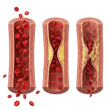 Medical illustration of atherosclerosis progression showing healthy artery, plaque buildup, and blood clot formation inside a human vessel