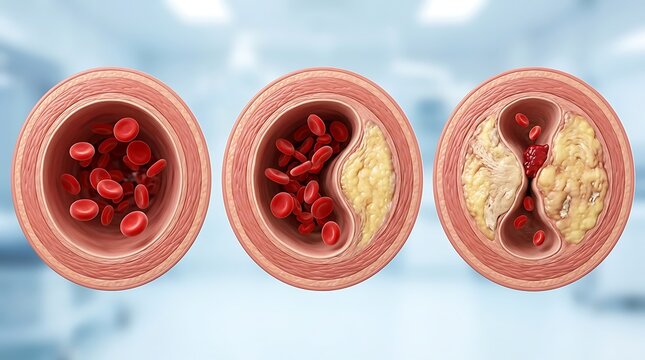 Crosssection of human artery showing progression of atherosclerosis from healthy vessel to plaque buildup and blood clot formation