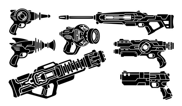 Sci Fi Laser Blaster Energy Weapon Black Vector Silhouette Collection