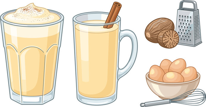Christmas Eggnog Drink Vector Element Set with Traditional Beverage Glasses, Cinnamon Stick, Nutmeg Spices, Grater, Eggs, and Cooking Whisk