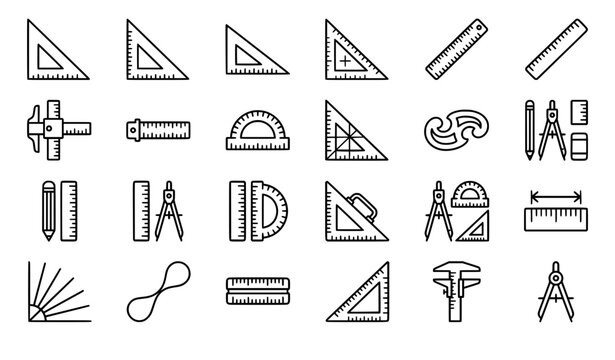 Set square ruler and geometry drafting tool outline icon set vector illustration
