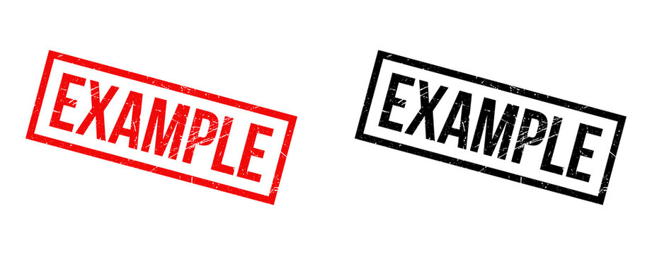 Red and black rectangular example stamp with bold text