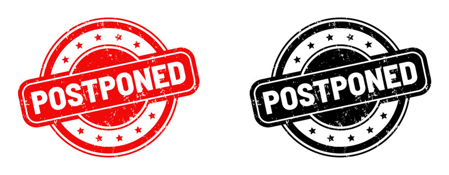 Red circular postpone stamp with bold white text