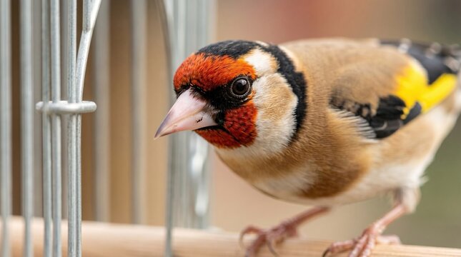 European goldfinch perched beside a bird cage