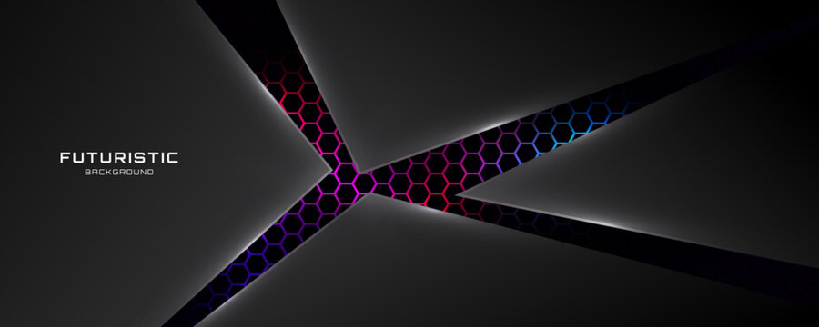 3D black abstract background overlap layer in dark space with colorful hexagon effect decoration. Modern graphic design element glowing style concept for web, art, flyer, card, or brochure cover