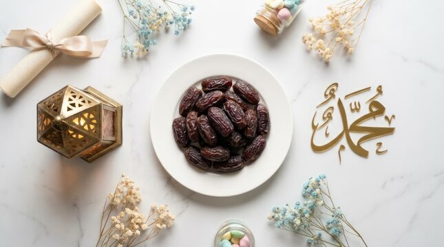 Top view of dates and Prophet Muhammad name calligraphy.