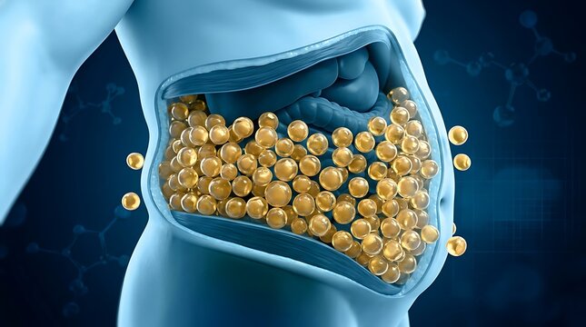 3d illustration of human abdomen cross section showing visceral fat accumulation and obesity health concept