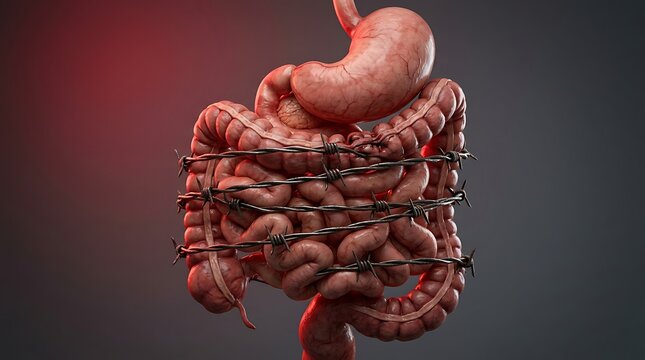 Human digestive system wrapped in barbed wire representing gastrointestinal pain, digestive disorders, and chronic stomach issues