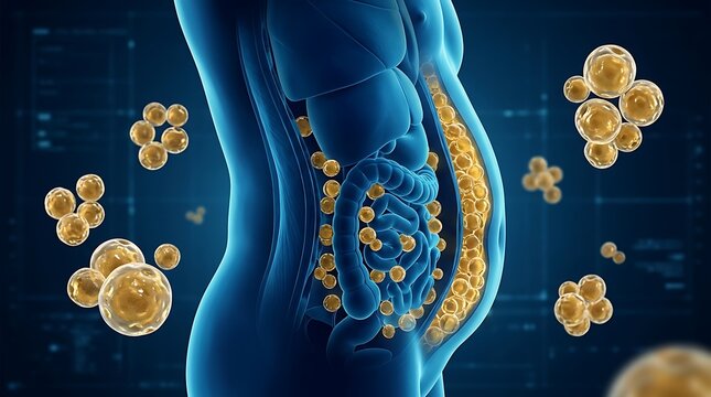 3d illustration of human body anatomy showing visceral fat accumulation around internal organs and abdominal area
