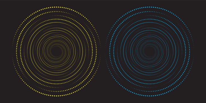 Abstract vector background featuring two blue and yellow concentric dotted circles with halftone gradient pattern on a dark black backdrop.