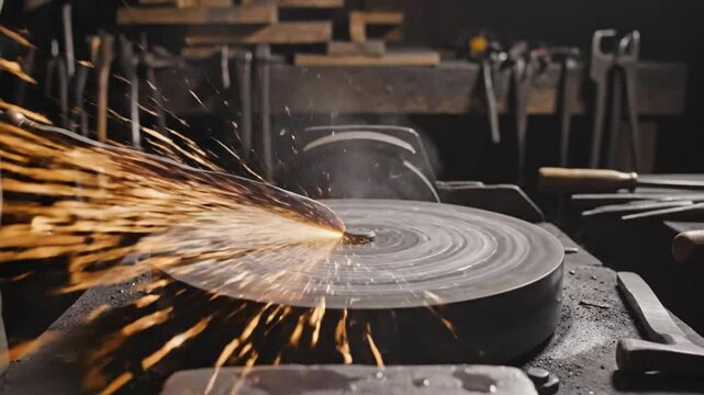 Blacksmith shaping metal with sparks flying off the grinding wheel creating an industrial aesthetic