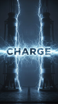 Bold typography of the word CHARGE illuminated by electrical lightning between industrial structures