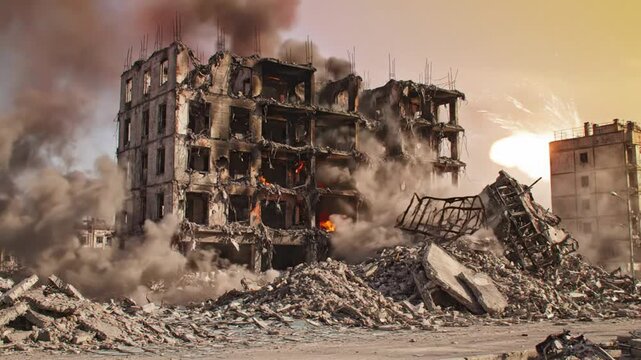Devastating aftermath of a building explosion causing a huge cloud of smoke and fire amidst war destruction