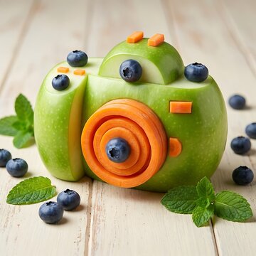 Creative camera sculpture made from fresh green apple carrots and blueberries