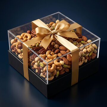 A premium gift box filled with assorted raw mixed nuts tied with a decorative golden silk ribbon