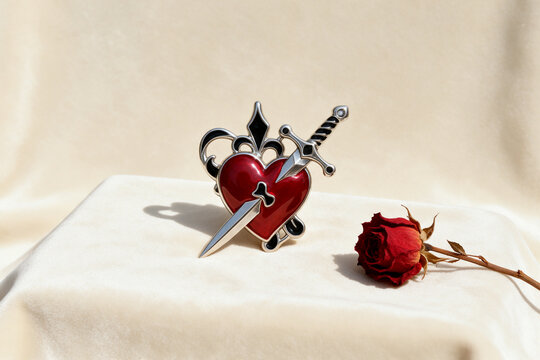 A red enamel heart pierced by an ornate silver dagger stands upright on cream velvet fabric beside a single dried red rose against a soft beige backdrop