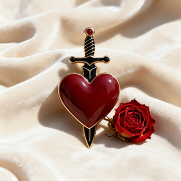 A red enamel heart charm with a black and gold dagger and a ruby bead rests on cream velvet fabric beside a single dried red rose outdoors
