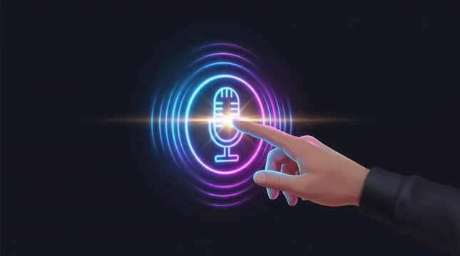 Hand touching a glowing neon voice assistant icon