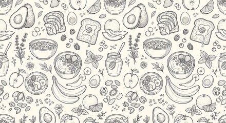 Obraz premium Abstract seamless pattern with intricate black ink line drawings on a soft beige background