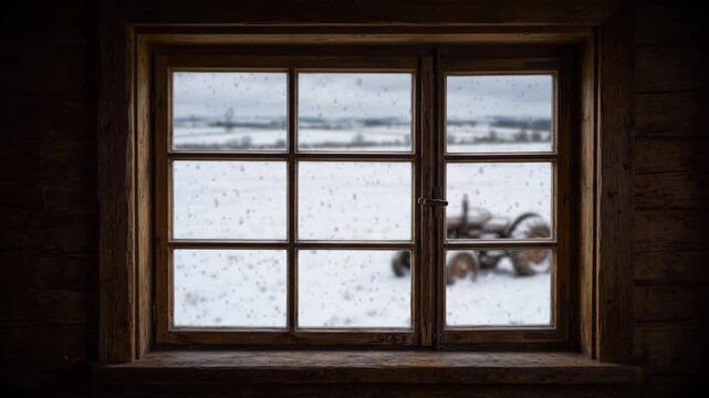 Falling snow outside a cabin window