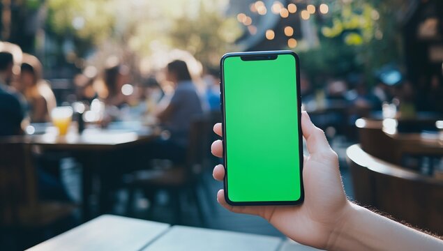 Mobile Phone Green Screen Display Mockup at Restaurant Terrace Table