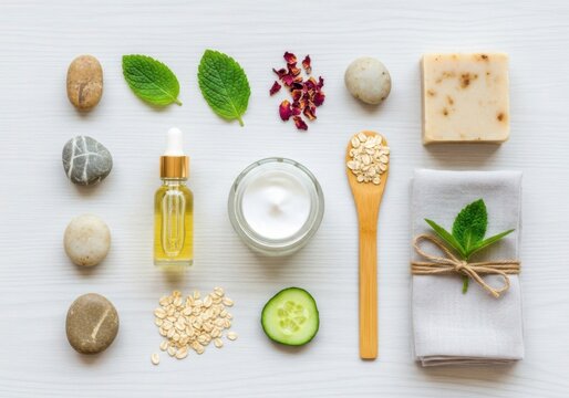 A luxurious spa collection with natural elements designed to promote wellness and relaxation including scented candles and fragrant essential oils for a calming experience