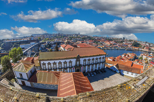 Aerial panoramic view of the Episcopal Palace of Porto (Pa&ccedil;o Episcopal do Porto), located in the historic center of Porto, Portugal, in the immediate vicinity of the S&eacute; Cathedral.