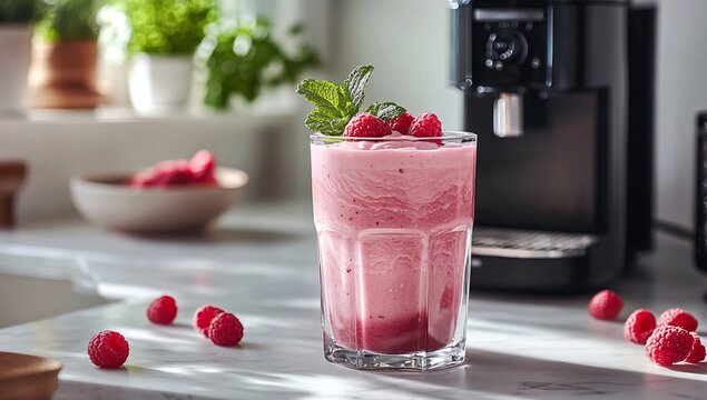Healthy Mixed Berry Smoothie in Glass with Blender Juicer in Background