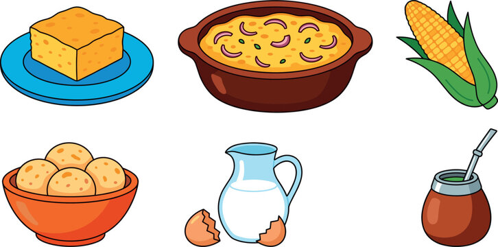 Paraguayan Traditional Cuisine Vector Set Featuring Sopa Paraguaya Chipa Bread Bowls Mbeju Corn on the Cob Milk Jug and Mate Drink