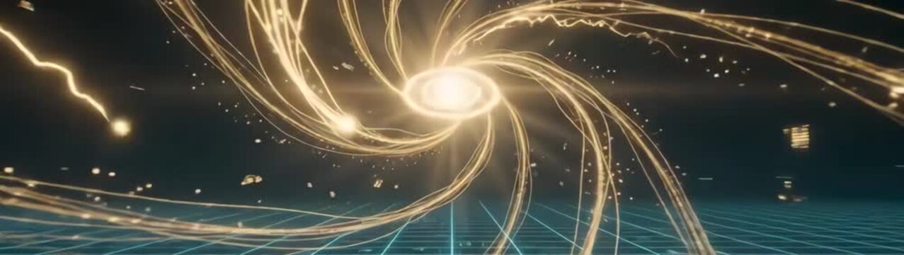 Data visualization and digital network concept glowing golden light particles rising from a blue grid floor abstract technology background.