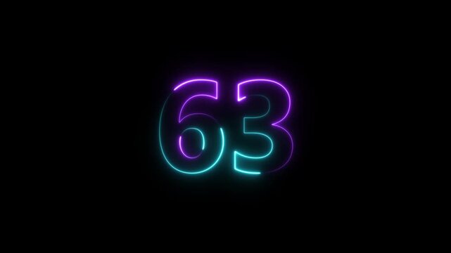 Neon number 63 glows with purple and teal light on black background motion graphic