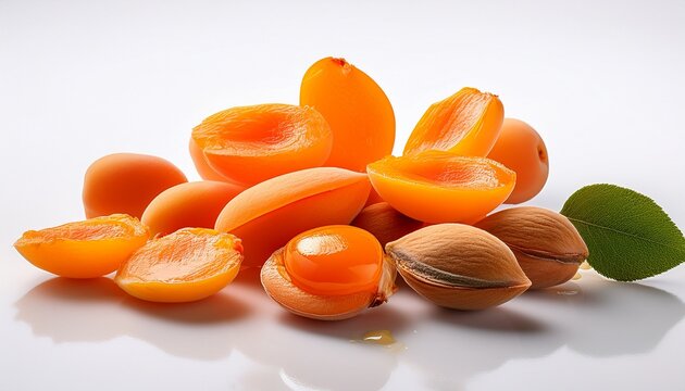 Several Apricot Kernels With Remnants Of Orange Fruit Pulp Are Scattered On A Clean White Surface