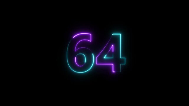Number 64 glowing neon animation with blue and purple hues on black background