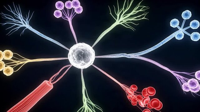 3D Animation of Stem Cell Differentiation Showing Central Cell Branching Into Multiple Colorful Human Cell Types and Tissues