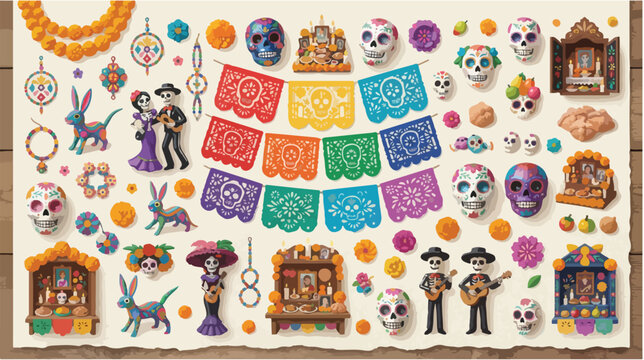 Vibrant Day of the Dead Celebration with Sugar Skulls and Traditional Decorations.