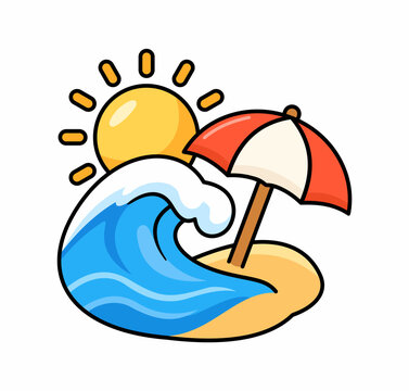 Colorful Summer Beach Illustration with Ocean Wave, Sunshine and Umbrella