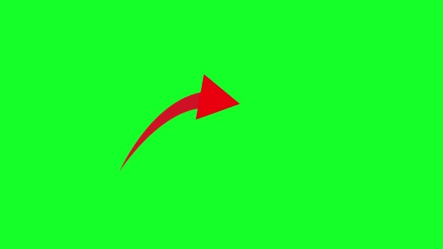 Red curved arrow swooping right on solid green screen background