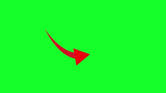 Curved red arrow swooping down on vibrant green screen background