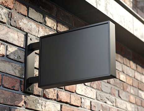 Empty rectangular black sign mounted on a weathered brick wall mockup, ideal for branding and logo presentation.