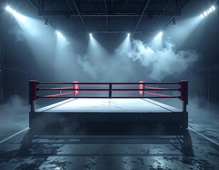 Obraz premium An empty boxing ring illuminated by dramatic spotlights and smoke in a dark arena, ideal for sports event promotions and fitness marketing.