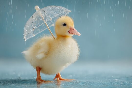 Cute Yellow Duckling Under a Transparent Umbrella