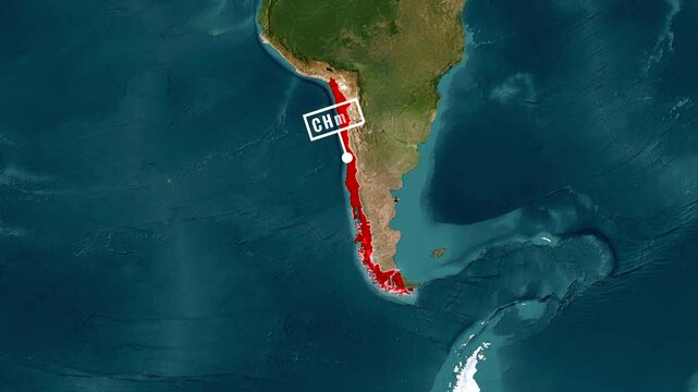 Animated map footage highlighting Chile's long coastline motion graphics video
