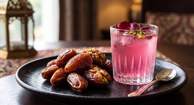 Sweet dates and a refreshing pink beverage with pistachios and rose petals on a dark plate with soft background lighting