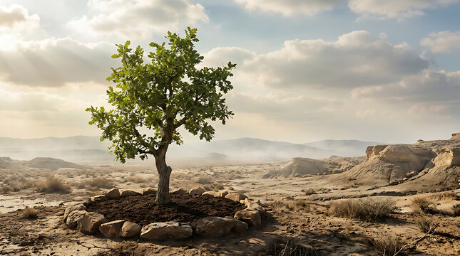 Green tree growing in arid desert soil with stone ring and dramatic sun rays reforestation concept.