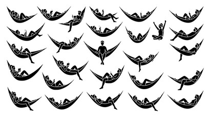 Fototapeta premium Relaxing Men and Women in Hammocks Black Silhouette Icon Collection