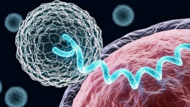3D Animation of Lipid Nanoparticle Connected to Human Cell via Glowing Helical Strand Illustrating Gene Therapy and Molecular Cell Signaling